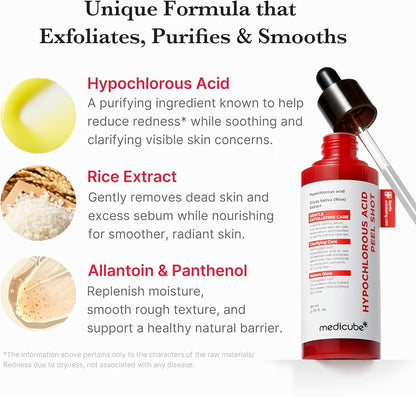 medicube Peel Shot with Hypochlorous Acid | Gentle Exfoliating Serum for Dead Skin Cells & Pores, Blackheads & Excess Sebum Control